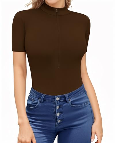 HERLOLLYCHIPS Womens Long Sleeve Top Short Sleeve V Neck Zip Up Sexy Shirts - color: E Short Sleeve Coffee, size: Small
