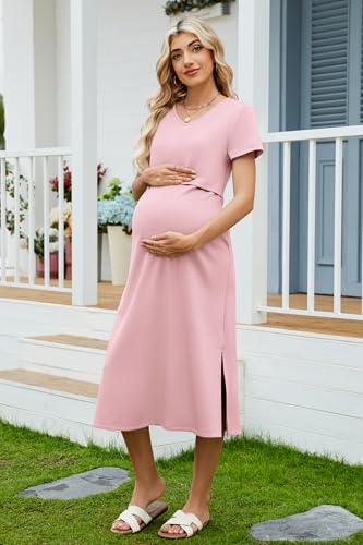 OUGES Womens 2026 Summer Short Sleeve Maternity Nursing Dress V Neck Breastfeeding Split Long Dress Pregnancy Clothes - color: Pink, size: Large