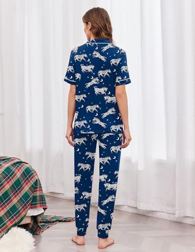 Ekouaer Women Pajama Set Short Sleeve Button Down Pjs with Jogger Pants - color: Blue Zebra, size: Small