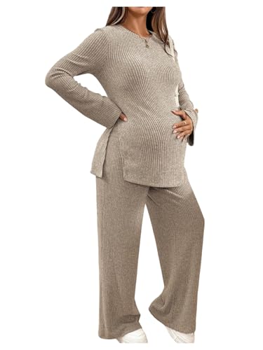 RoseSeek Women's Maternity 2 Piece Ribbed Knit Fall Pregnancy Outfits - color: Apricot, size: Large