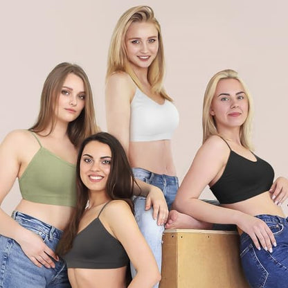 KCDDUMK 4 Pack Cami Bralettes for Women, Spaghetti Strap Sleep Bras - color: Black, White, Olive, Dark-grey, size: Small