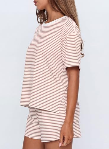 Darong Womens Striped 2 Piece Summer Lounge Sets - color: Pink Stripe, size: Medium