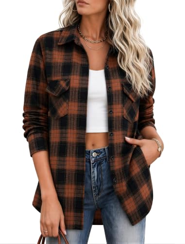 Zeagoo Flannel Shirt Women Plaid Button Down Shackets Long Sleeve Fall Tops - color: A-brown-gz803, size: X-Large