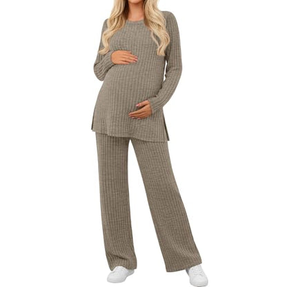 Women's 2 Piece Maternity Ribbed Pajama Outfit - color: Coffee, size: XX-Large