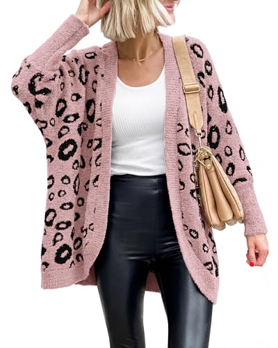 BTFBM Leopard Cardigan for Women Knit Fall Fashion Clothes - color: Pink, size: Medium