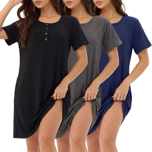 3 Pack Nightgowns for Women Sleep Shirts Pajama Dress with Pockets - color: Set E, size: X-Large