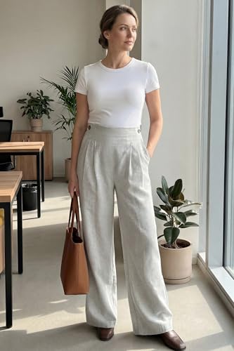 OUGES Women's Linen Maternity Pants Casual Work Adjustable Waist Straight Leg Business Office Trousers with Pockets - color: Linen, size: Large