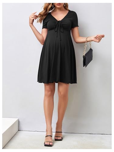 OYOANGLE Women's Maternity Tie Front V Neck Short Dresses - color: Black, size: XX-Large