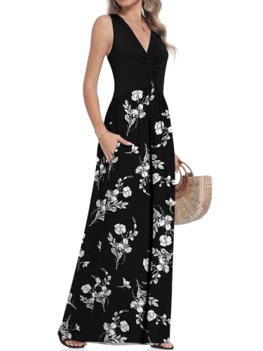 MUSE SHOW Maxi Dresses for Women 2026 Sleeveless Summer Dress with Pockets - color: Charcoal White Bloom, size: Medium