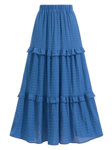 Womens Boho Maxi Skirt Long Flowy Skirt High Waisted Tiered Ruffle Skirt - color: Grey Blue, size: Small