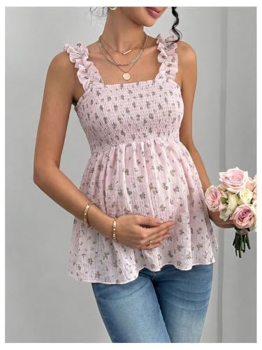 SweatyRocks Women's Maternity Tank Tops Floral Babydoll Blouse Shirts Top - color: Light Pink, size: Small