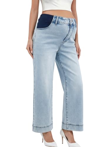 BLENCOT Women's Maternity Jeans High Waisted Wide Leg Pregnancy Pants - color: Light Blue, size: Medium