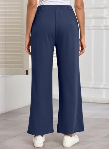 BLENCOT Maternity Pants Work Waffle Knit Wide Leg Pregnancy Trousers - color: Navy Blue, size: Medium