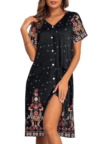 Ekouaer House Dress for Women with Pockets Button Down Nightgowns Moo Moos - color: Ethnic Black, size: Medium