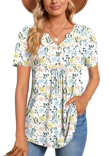 CATHY Womens Short Sleeve Tunic Tops Henley Shirt V Neck Button Up Blouse Casual Pleated Basic Pullover - color: Macaron Fl Grass, size: XX-Large