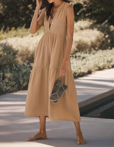 R.Vivimos Womens Summer Cotton Button V Neck Maxi Dress - color: Light Khaki, size: Medium