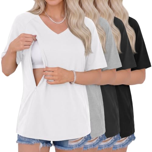 4 Pack Women's Nursing Short Sleeve Shirts - color: White, Light Gray, Dark Gray, Black, size: XX-Large