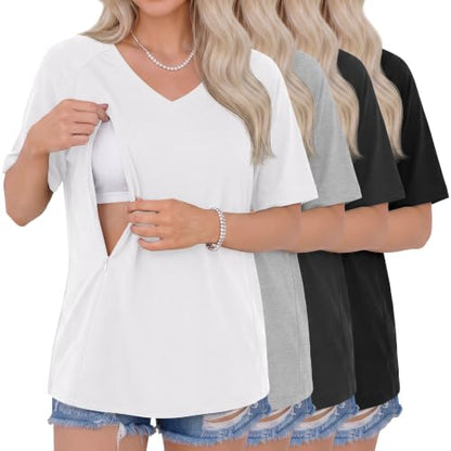 4 Pack Women's Nursing Short Sleeve Shirts - color: White, Light Gray, Dark Gray, Black, size: X-Large