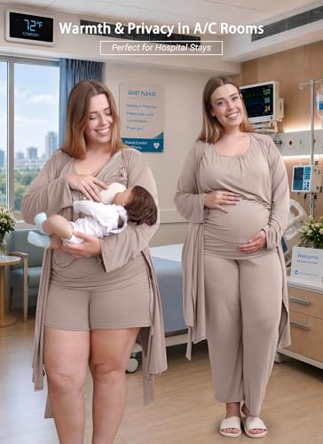 Rnxrbb 4 PCS Hospital&Home Nursing Pajamas Robe Set Maternity Postpartum Pj - color: Beige, size: X-Large