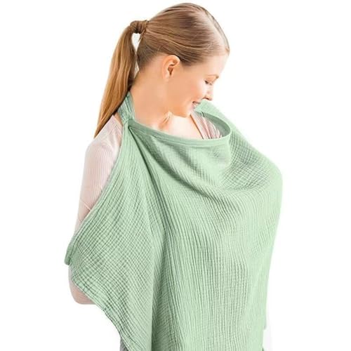 Cotton Nursing Cover, Breathable Muslin Breastfeeding Privacy Apron, Lightweight Nursing Shawl with Adjustable Strap (Green)