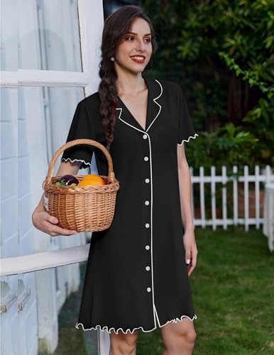 Ekouaer Cotton Nightgowns for Women Button Down Sleep Shirts Night Shirts - color: Black, size: Small