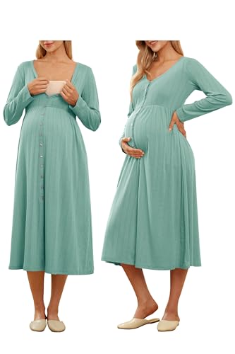 OUGES Cotton Blend Maternity Pajamas Nightgown Button Down Nursing Gown Labor Delivery Breastfeeding Dress with Pockets - color: Green, size: X-Large