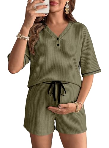 BLENCOT Maternity Pajamas Nursing Set Shorts Pregnancy Pj Sets - color: Four Leaf Clover, size: Medium