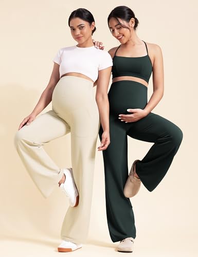 POSHDIVAH Creamluxe Maternity Wide Leg Pants Pregnancy Work Trousers - color: Pine Green, size: Medium