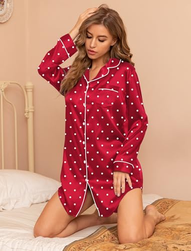 SWOMOG Women's Satin Sleep Shirt Long Sleeve Sleepwear Silk Nightshirt Button Down Pajama Top - color: Red Dot, size: Medium