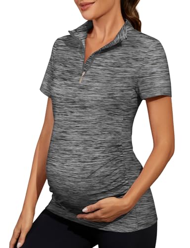 Viracy Womens Maternity Workout Tops 1/4 Zip Up Lightweight Short Sleeve Pregnancy Shirts for Work - color: Dark Grey, size: Medium