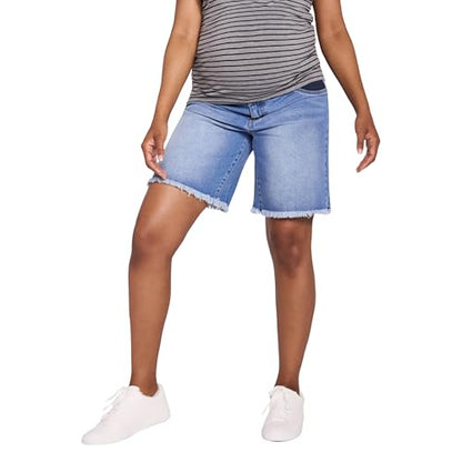Motherhood Maternity Women's Under the Belly Denim Pregnancy Shorts with Side Elastic Panel Insets - color: Beth Medium Wash, size: Small
