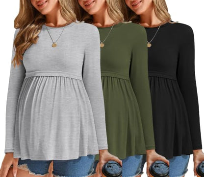 Ekouaer Maternity Shirts 3 Pack Pleated Long Sleeve Tops Pregnancy Clothes - color: Black/Green/Light Grey, size: Large