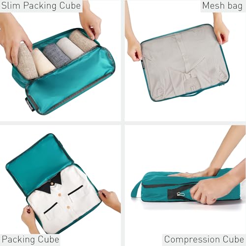 Bagail Ultralight Compression Cubes 7 Set - 3 Packing Cubes, 3 Organizers, and 1 Shoe Bag - color: The Teal, style: Cloth Pattern