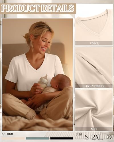 3 Pack Women's Nursing Tops Breastfeeding Shirts - color: Black, Gray Green, Apricot, size: Large
