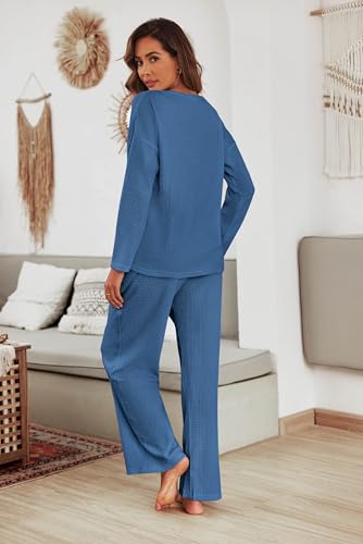 Ekouaer Waffle Knit Pajama Sets Comfy Lounge Sets 2 Piece Matching Pj Sets - color: Blue, size: Medium