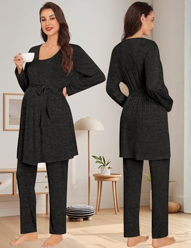 SWOMOG Maternity Pajamas Set 3 PCS Nusing Pajamas Labor and Delivery Gown & Camisole & Pants Postpartum Pjs - color: Black Gray, size: Medium