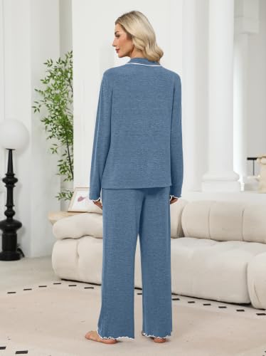 WIHOLL Women's Pajamas Sets Cute Ruffle Long Sleeve Button Up 2 Piece Pjs - color: Blue, size: Medium
