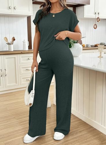 BLENCOT Maternity Sets Summer Ribbed Knit Pajamas Outfits - color: Dark Green, size: Medium