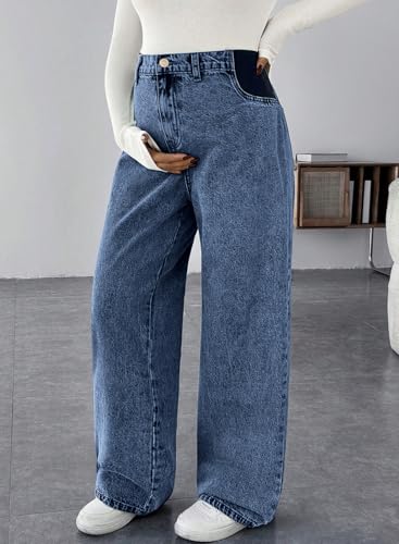 BLENCOT Maternity Jeans for Women Wide Leg Pregnancy Pants - color: Ashleigh Blue, size: Medium
