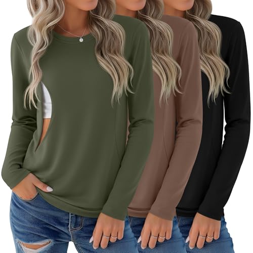 3 Pack Women's Nursing Tops Breastfeeding Shirts Fall - color: Army Green, Coffee, Black, size: Medium