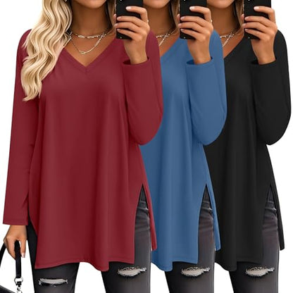 Huukeay 3 Pack Women's Oversized Long Sleeve V Neck Shirts - color: Black, Haze Blue, Wine Red, size: Small