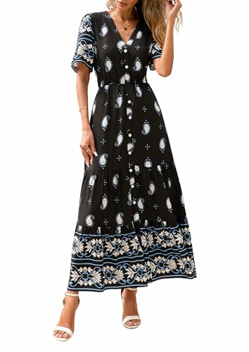 PRETTYGARDEN Womens Short Sleeve Boho Maxi Dress - color: Black White Flower, size: Medium