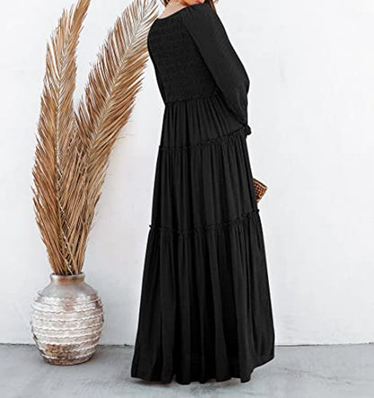 R.Vivimos Long Sleeve V Neck Flowy Maxi Dresses for Women - color: Black, size: Medium