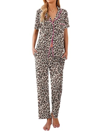 Ekouaer Womens Pajamas Set Short Sleeve Button Down Top & Pants Lounge Pjs - color: Brown Leopard 378, size: XX-Large