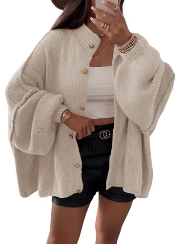 Saodimallsu Womens Oversized Cardigans Long Lantern Sleeve Button Down Chunky Knit Loose Fall Sweater Coats - color: Khaki, size: X-Large