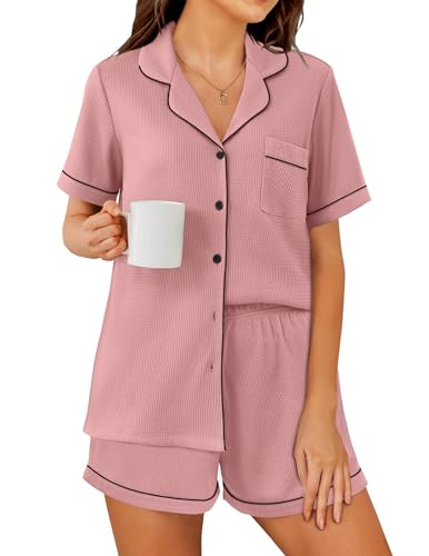 Ekouaer Womens Waffle Knit Pajama Sets Soft Short Sleeve Button Up Pjs - color: Old Rose, size: Small