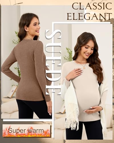 3 Pack Women's Thermal Maternity Shirts - color: Apricot, Camel, Brown, size: Medium