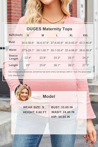 OUGES Women's Maternity Shirts Long Bell Sleeve Casual V Neck Tops Fall Fashion Textured Pregnancy Blouse - color: Pink, size: Small