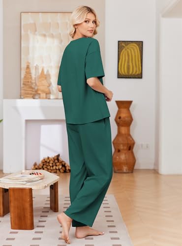 Ekouaer Womens Pajama Sets Cotton Short Sleeve Long Pants Lounge Set - color: Green, size: Medium