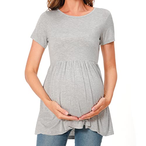 Bearsland Short Sleeve Maternity Top - color: Lake Blue & Light Grey & White Dots, size: Small